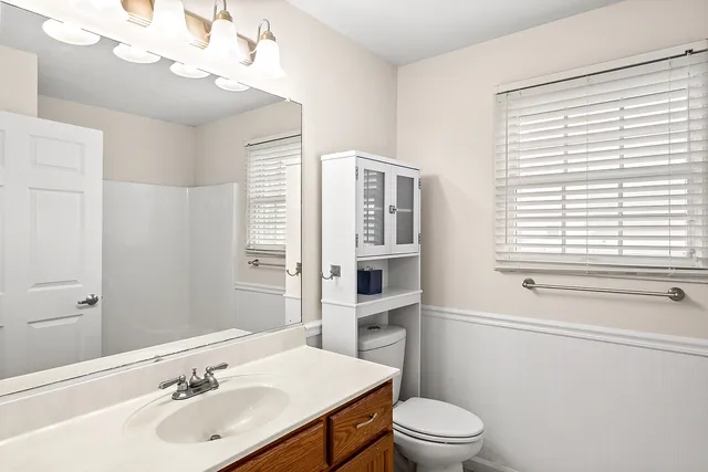 a bathroom with a sink a toilet and a large mirror