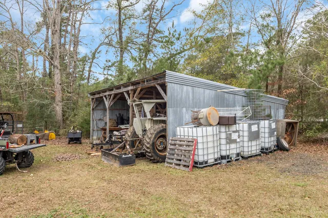 a view of water with a building in the background