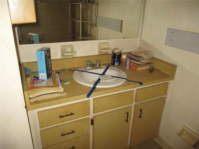 a bathroom with a sink and a mirror