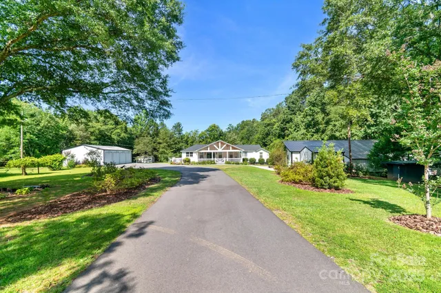 a view of a park with large trees