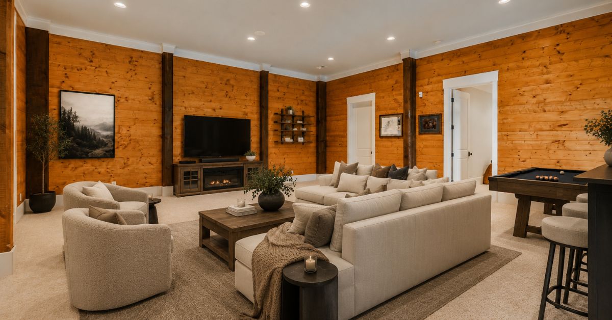 102 State Rd S-39-143 Sunset, SC 29685 - Photo 32 of 47 This living room features rich wood paneling, a cozy fireplace, and ample space for entertaining.