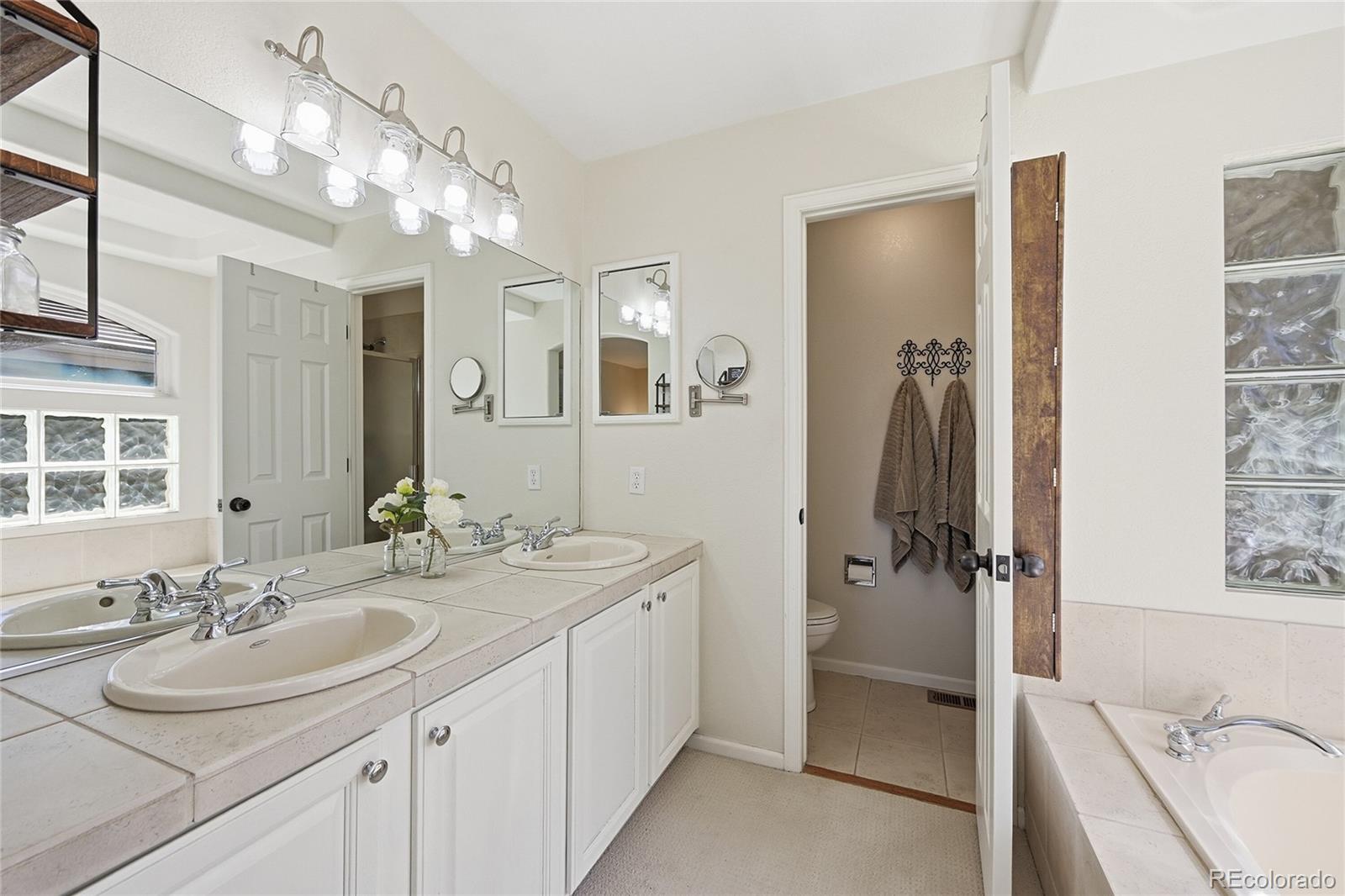 9153 Roadrunner Drive Highlands Ranch, CO 80129 - Photo 23 of 39 a bathroom with a sink tub shower and a mirror