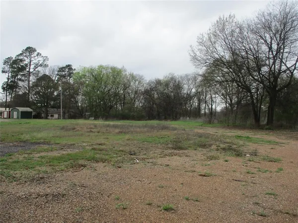 a view of a field with trees in the background