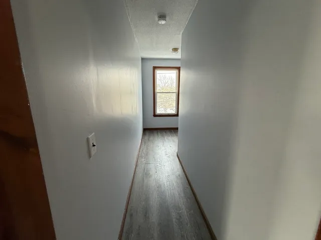 a view of a hallway with wooden floor and entryway