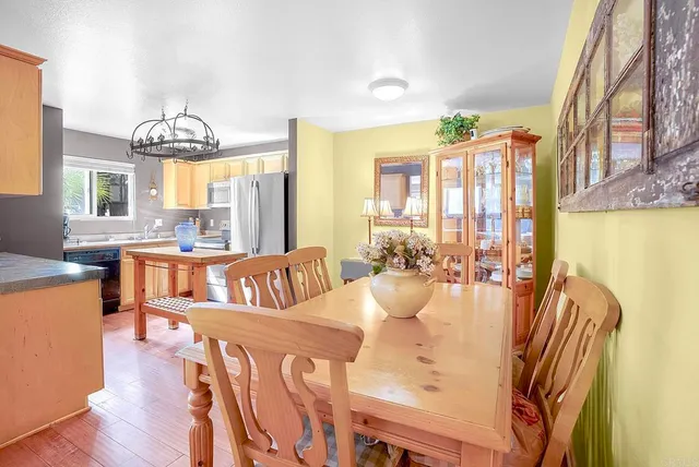 a view of a dining room with furniture window and outside view
