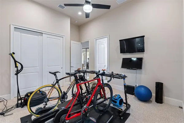 a view of a swimming pool with an outdoor seating
