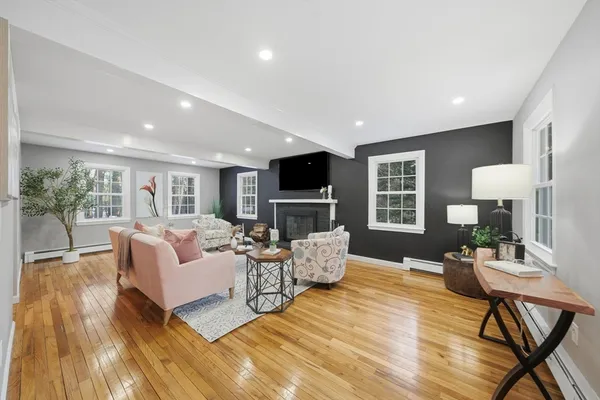 a living room with fireplace furniture and a flat screen tv