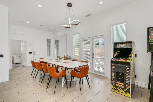 a view of a dining room with furniture