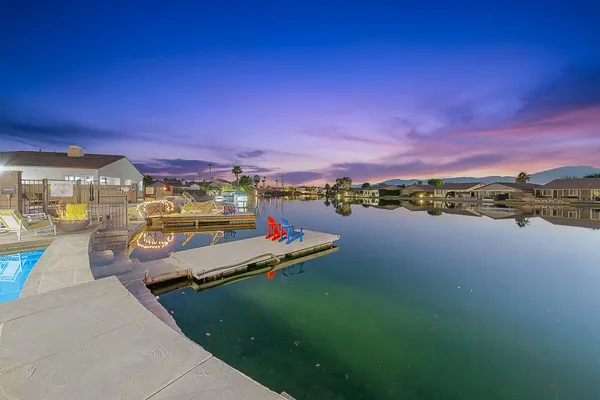 a view of a lake with a houses