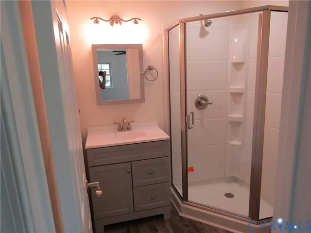 a bathroom with a shower a sink and a mirror