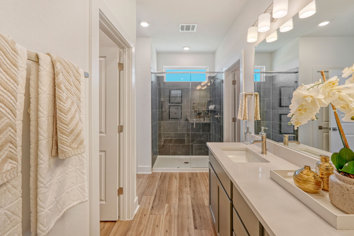 141 Sincere Drive Kyle, TX 78640 - Photo 18 of 23 a bathroom with a sink a mirror and a shower