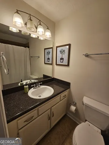 a bathroom with a granite countertop toilet sink and mirror