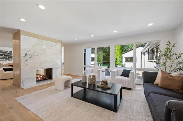 a living room with fireplace furniture and a fireplace