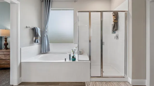 a bathroom with a bathtub and a shower
