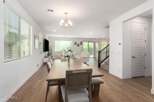 a view of a dining room with furniture