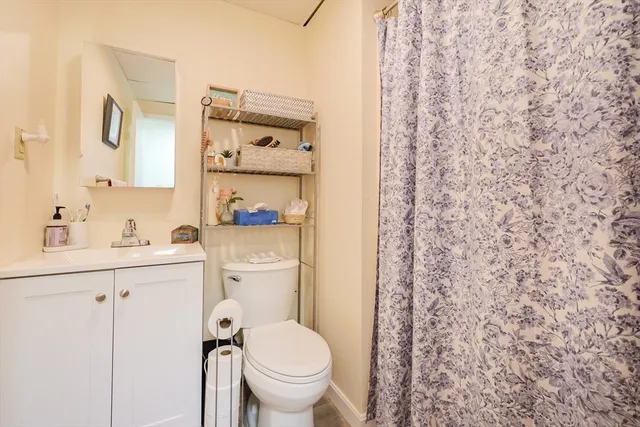 a bathroom with a sink a toilet and shower curtain