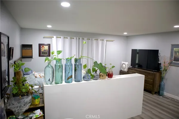 a living room with furniture potted plant and a flat screen tv