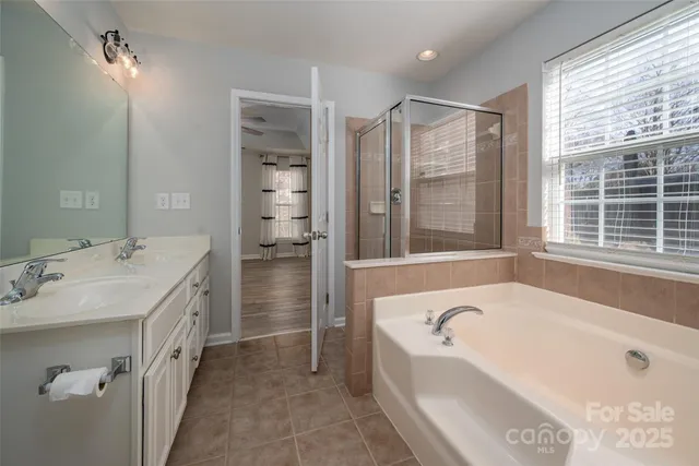 a bathroom with a tub a sink and a large mirror