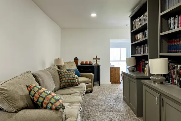 a bedroom with furniture and a book shelf