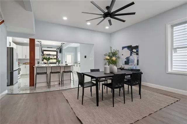 a view of a dining room with furniture