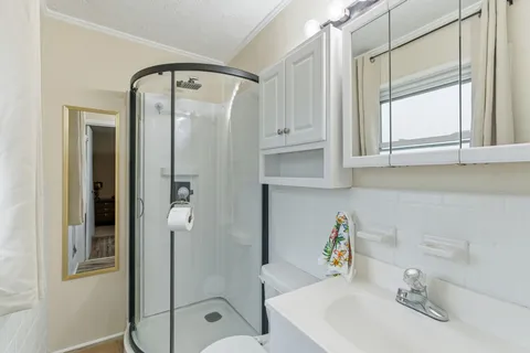 a bathroom with a sink and a shower