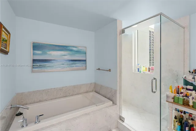 a bathroom with a bathtub and a shower