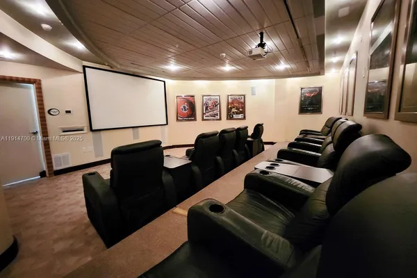 a media room with lots of chairs and a projector screen
