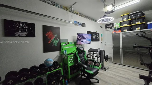 a view of a garage with storage