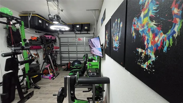 a view of a storage room with gym equipment