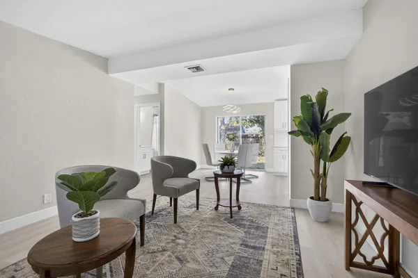 a living room with furniture a potted plant and a fireplace