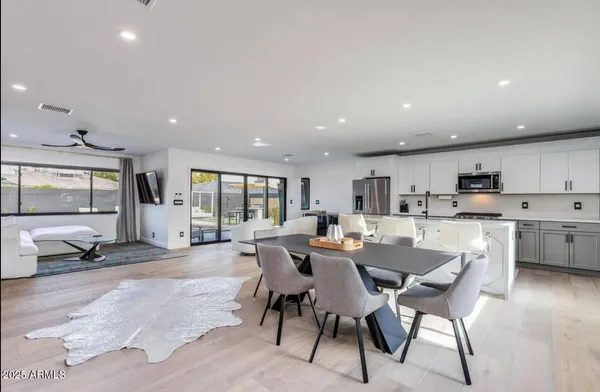 a view of a dining area with furniture