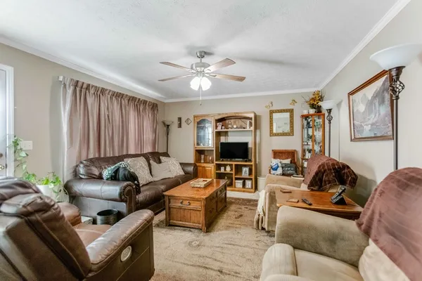 a living room with furniture ceiling fan and a window