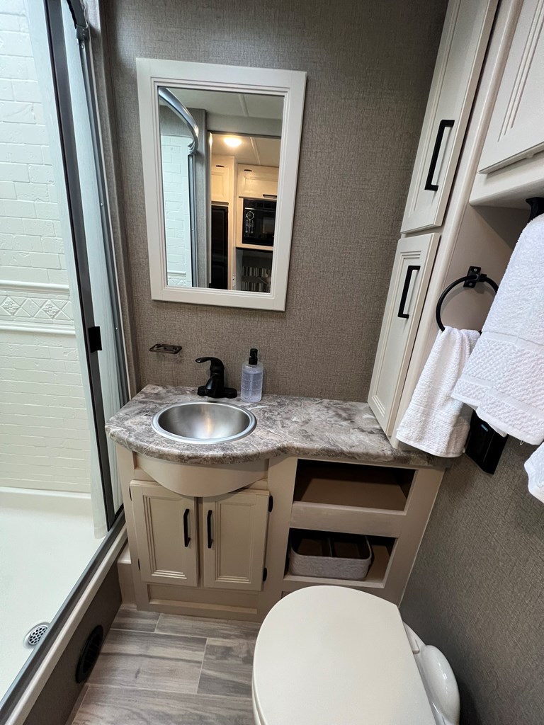 62 Waterside Blue Ridge Morganton, GA 30560 - Photo 19 of 38 a bathroom with a granite countertop sink a toilet and a mirror