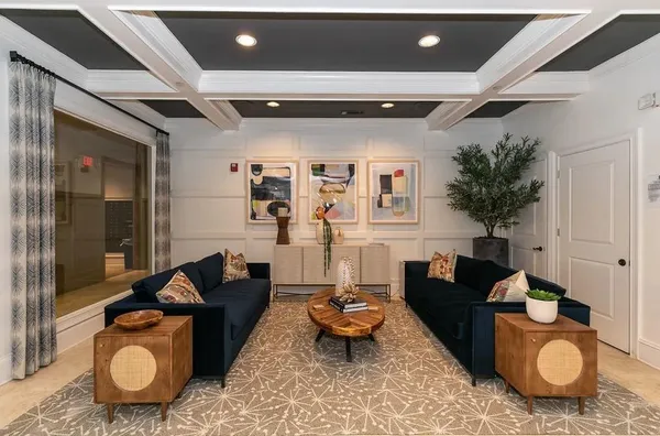a living room with furniture rug and wooden floor