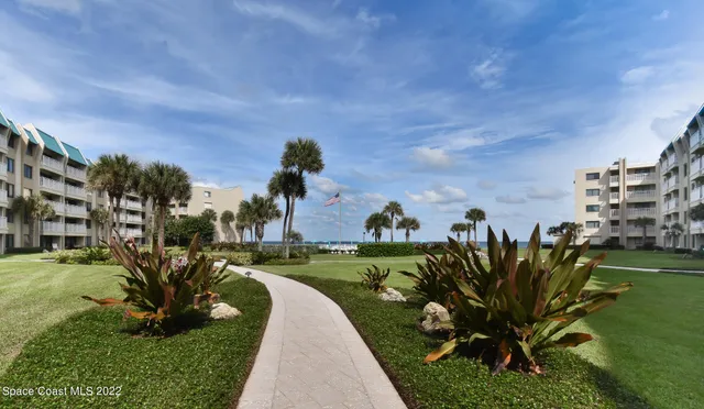 a view of a garden with a building in the background