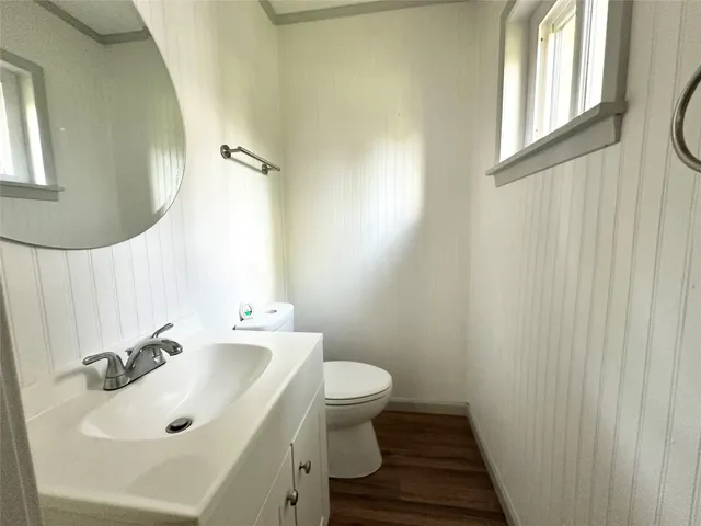 a bathroom with a sink a toilet and a mirror