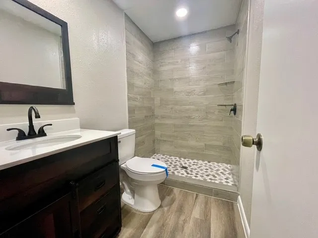 a bathroom with a sink a toilet a shower and a mirror