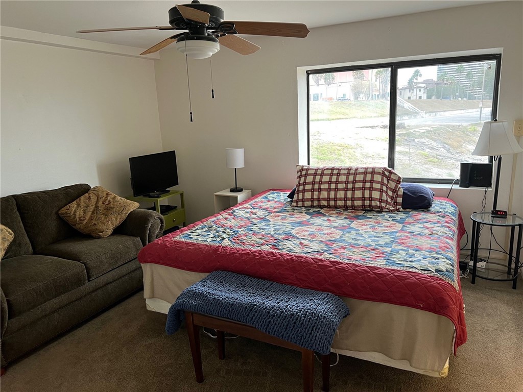 520 South Chaparral Street, Unit 204 Corpus Christi, TX 78401 - Photo 11 of 24 a bedroom with a bed and a chandelier