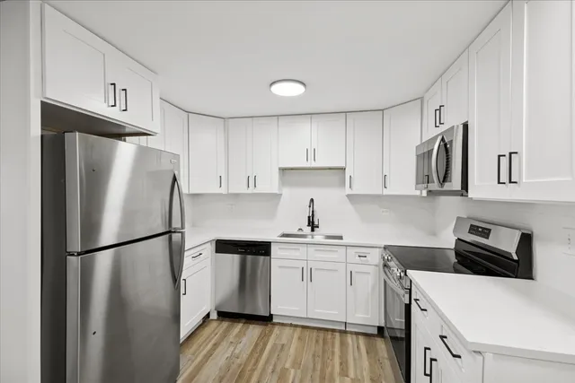a kitchen with a refrigerator a sink and white cabinets