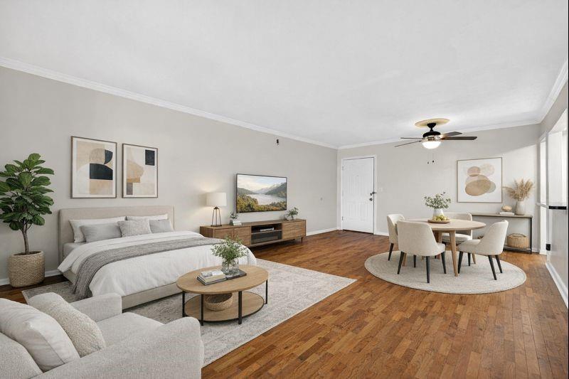 a living room with furniture and a table