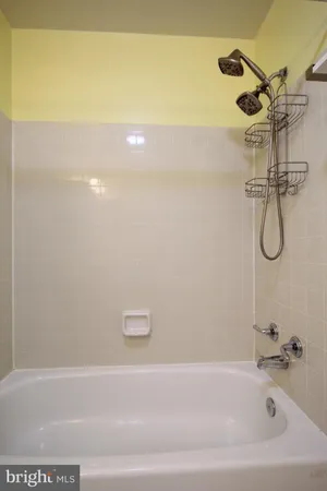 a bathroom with a bath tub with a shower