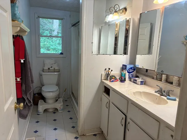 a bathroom with a sink vanity mirror and toilet