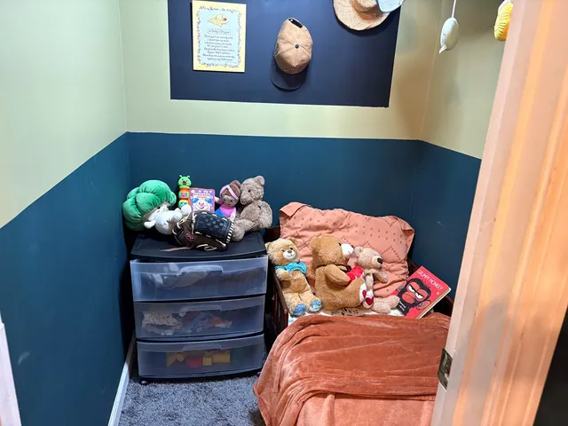 a room with toys and book shelf