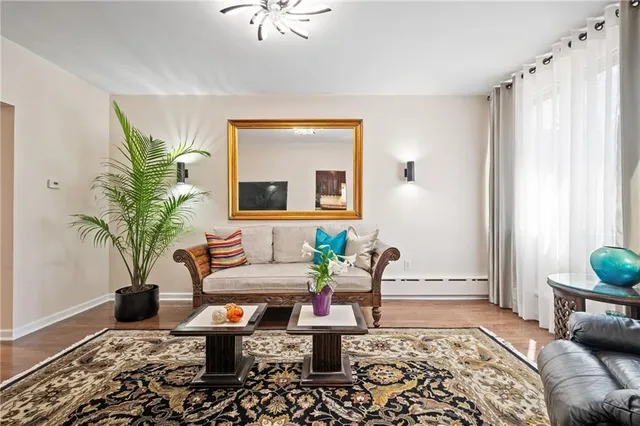 a living room with furniture and a potted plant