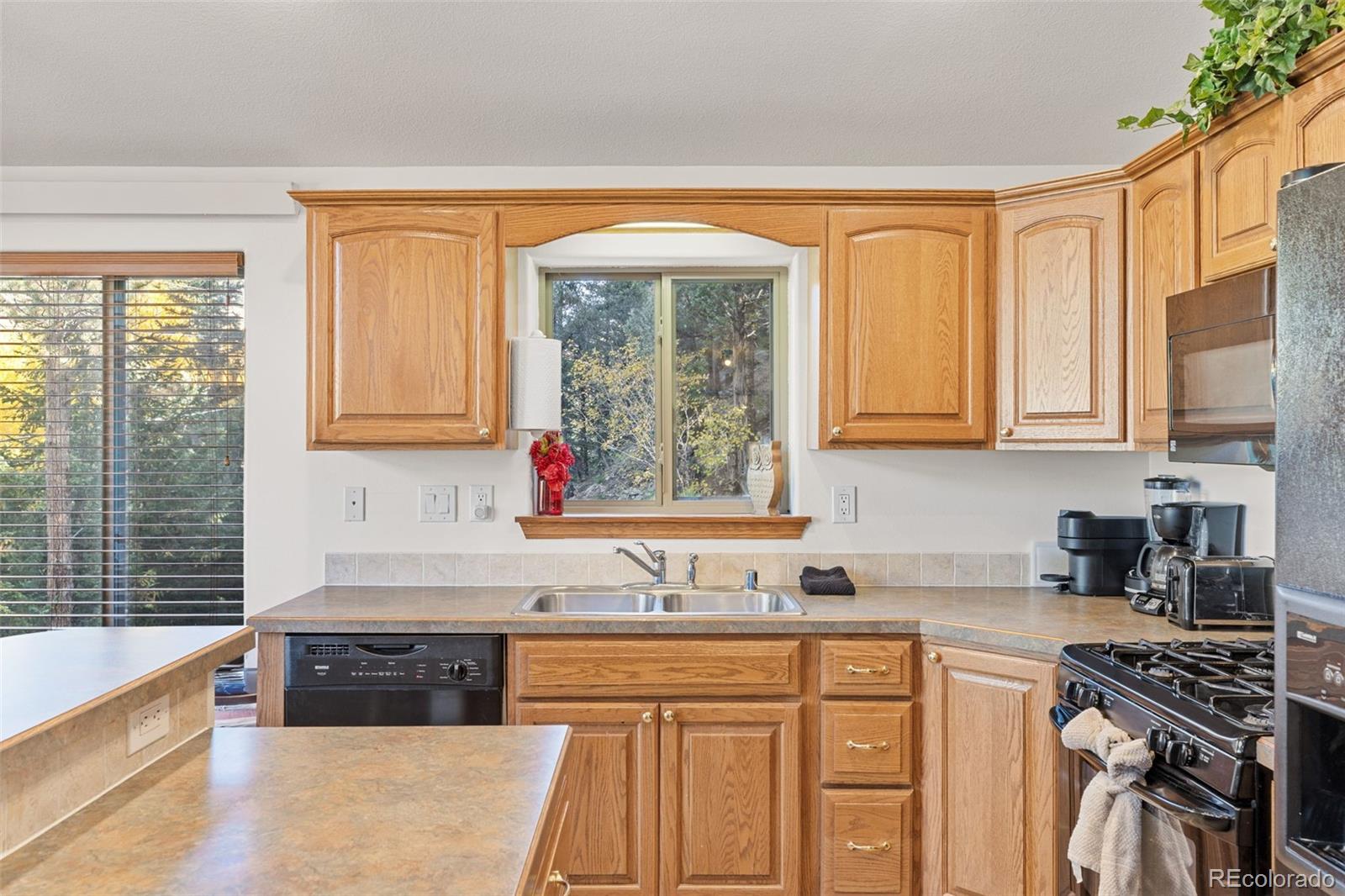 76 Wheel Haven Road Idaho Springs, CO 80452 - Photo 19 of 50 a kitchen with stainless steel appliances granite countertop a stove a sink and a granite counter tops with wooden floors