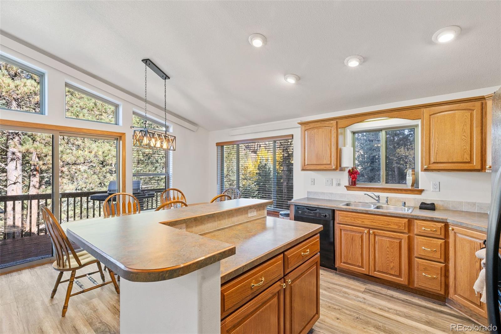 76 Wheel Haven Road Idaho Springs, CO 80452 - Photo 20 of 50 a kitchen with a stove a sink a counter space and dining table