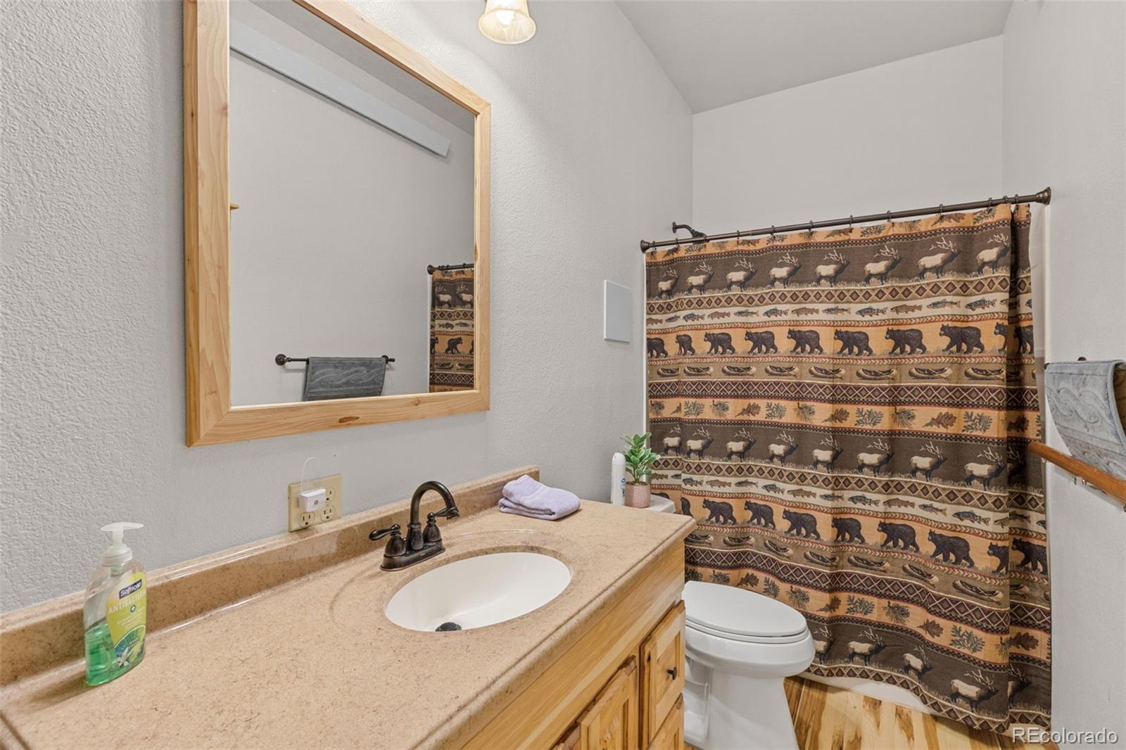 76 Wheel Haven Road Idaho Springs, CO 80452 - Photo 40 of 50 a bathroom with a granite countertop toilet a sink and a mirror