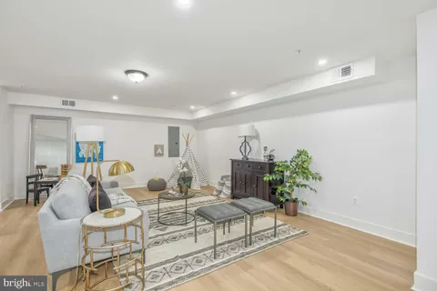 a living room with furniture and a potted plant