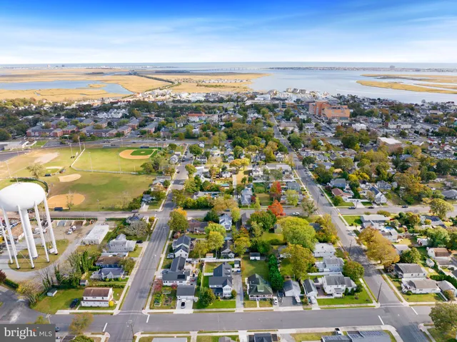 a aerial view of a house with swimming pool and large trees