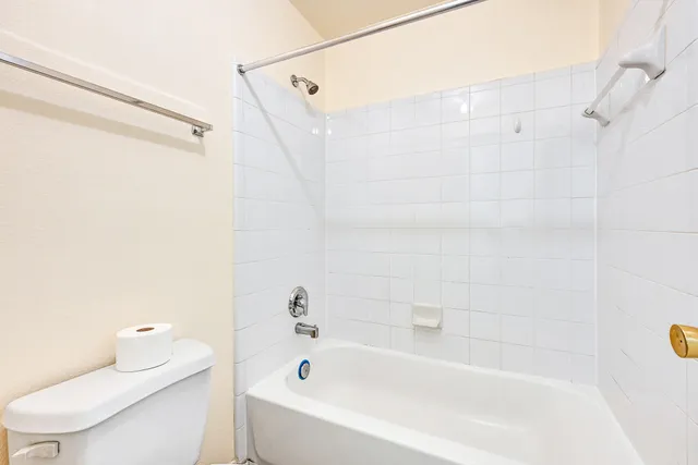 a bathroom with a bathtub and a toilet